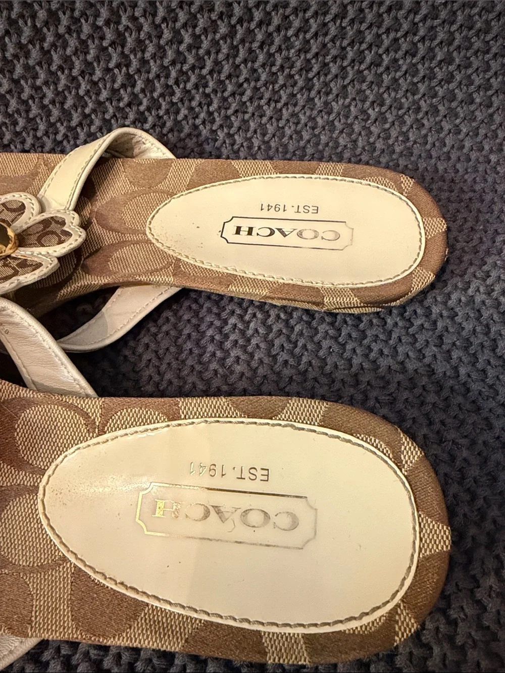 Coach Beige Signature Floral Thong Sandals with Gold Accent